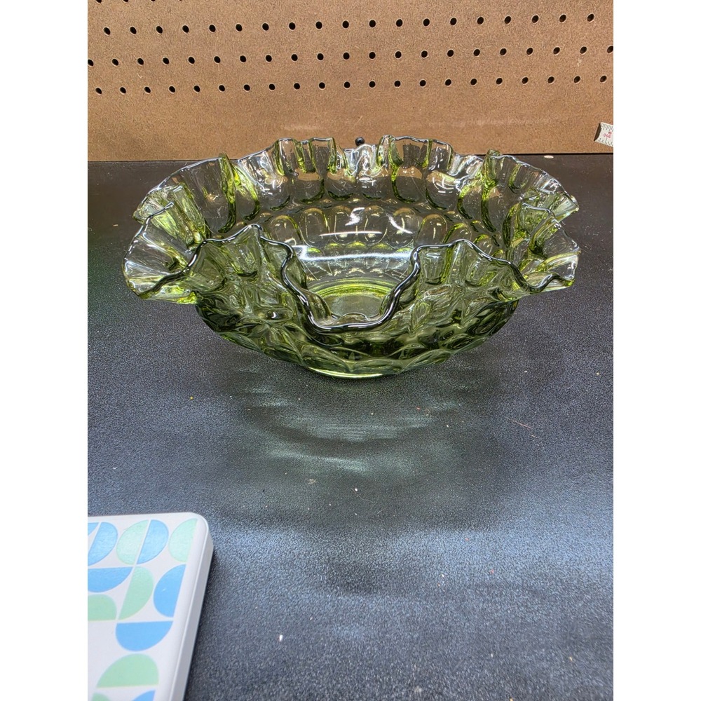 Vintage Fenton Green Ruffled Glass Candy Dish Thumbprint Scalloped Edge Bowl